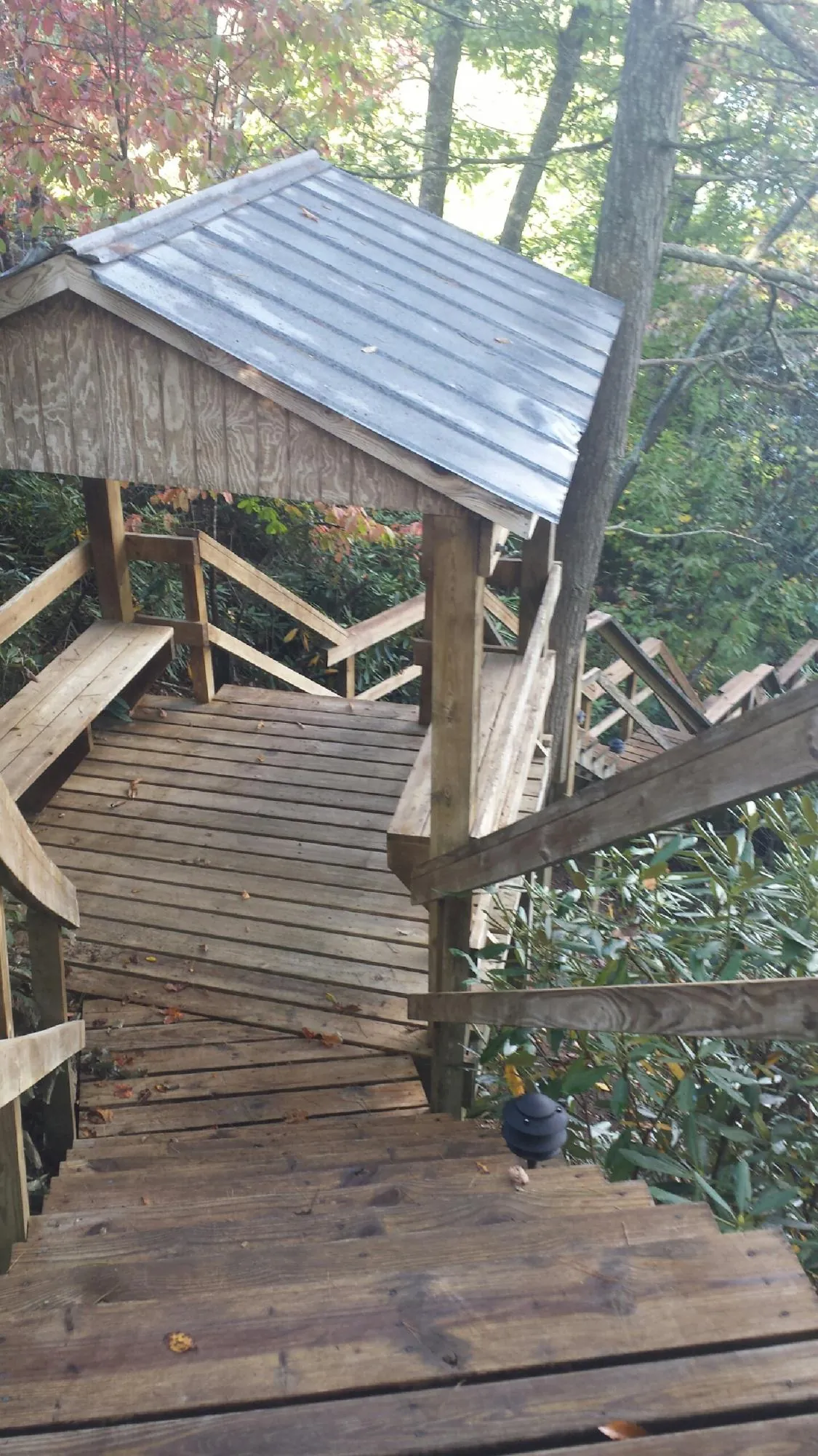 Metal roofed shelter over wooden steps on a wooded walkway — Skylight Repair & Installation work by our crew in Derby